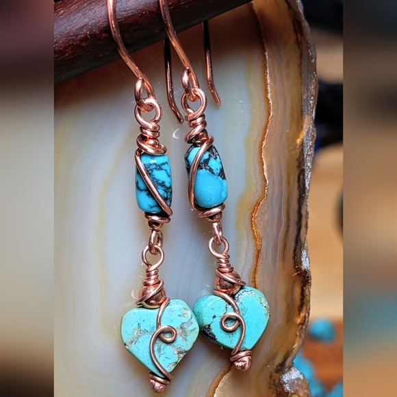 Artisan Jewelry - Authentic Turquoise Heart Earrings Copper Wire Wrap Dangle Drop